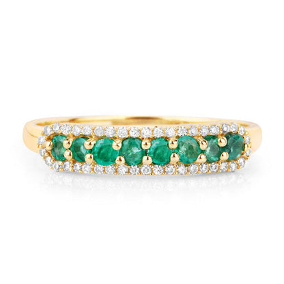 Anillo de oro amarillo de 14 quilates con esmeralda zambiana auténtica de 0,35 quilates y diamantes blancos