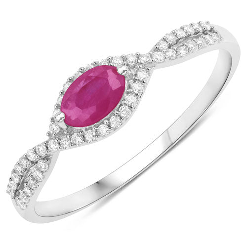 Anillo de oro blanco de 14K con rubí auténtico de 0,40 quilates y diamantes blancos