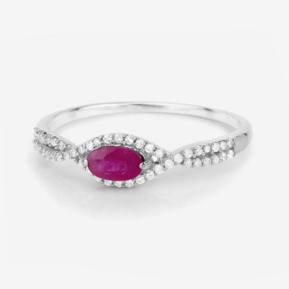Anillo de oro blanco de 14K con rubí auténtico de 0,40 quilates y diamantes blancos