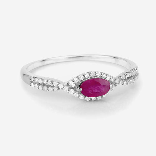 Anillo de oro blanco de 14K con rubí auténtico de 0,40 quilates y diamantes blancos