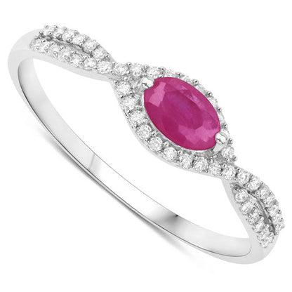 Anillo de oro blanco de 14K con rubí auténtico de 0,40 quilates y diamantes blancos