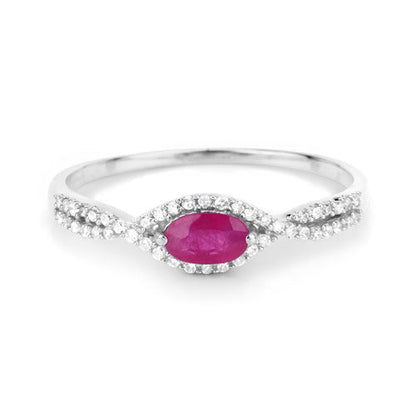 Anillo de oro blanco de 14K con rubí auténtico de 0,40 quilates y diamantes blancos