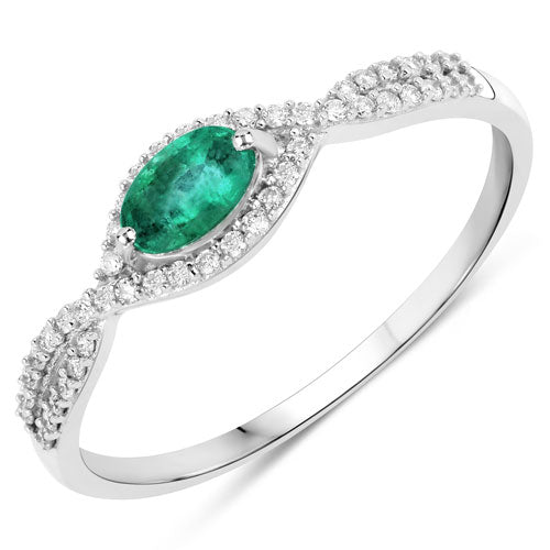 Anillo de oro blanco de 14K con esmeralda zambiana auténtica de 0,32 quilates y diamantes blancos