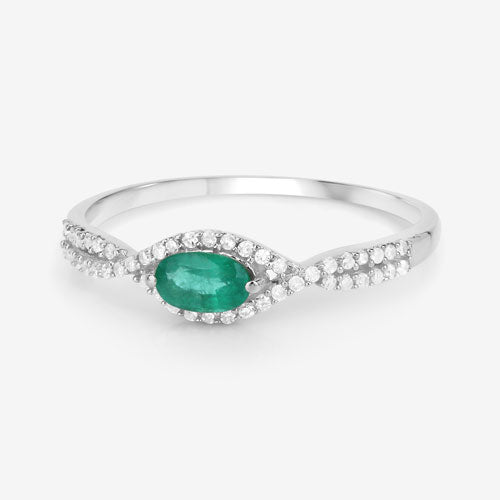 Anillo de oro blanco de 14K con esmeralda zambiana auténtica de 0,32 quilates y diamantes blancos
