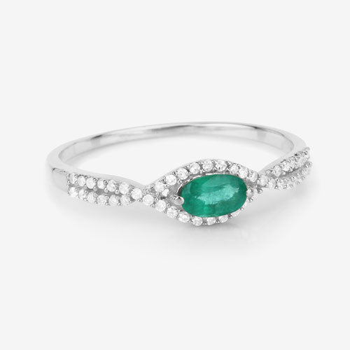 Anillo de oro blanco de 14K con esmeralda zambiana auténtica de 0,32 quilates y diamantes blancos