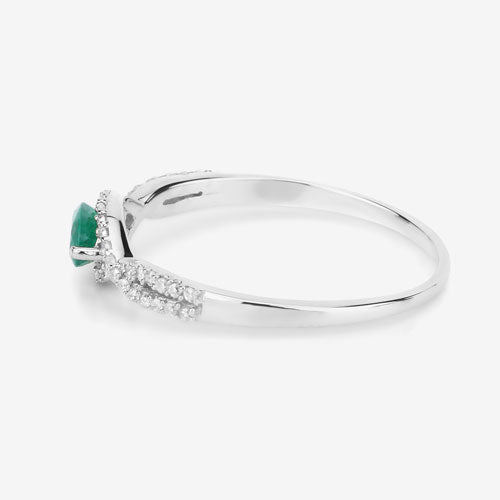 Anillo de oro blanco de 14K con esmeralda zambiana auténtica de 0,32 quilates y diamantes blancos