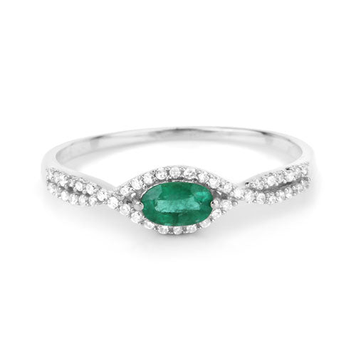 Anillo de oro blanco de 14K con esmeralda zambiana auténtica de 0,32 quilates y diamantes blancos