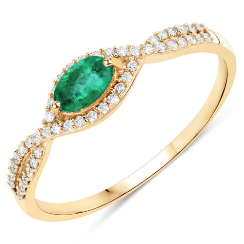 0.32 Carat Genuine Zambian Emerald and White Diamond 14K Yellow Gold Ring