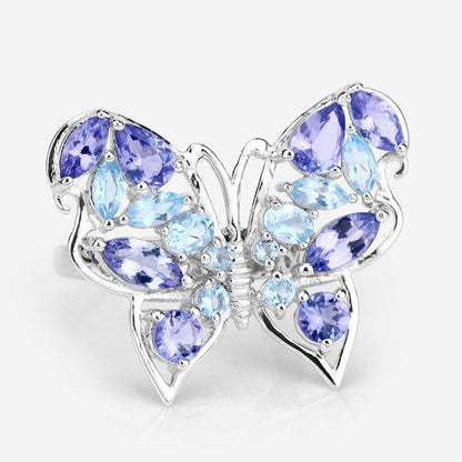 Anillo de plata de ley .925 con tanzanita genuina de 3.60 quilates y topacio azul suizo