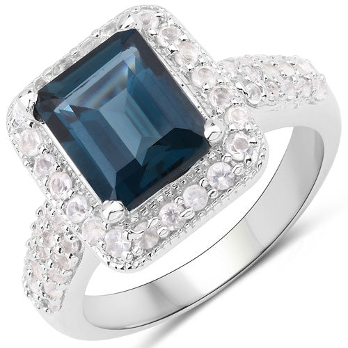 Anillo de plata de ley .925 con topacio azul Londres auténtico de 5,03 quilates y topacio blanco