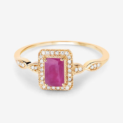 Anillo de oro amarillo de 14 quilates con rubí genuino de 0,75 quilates y diamantes blancos