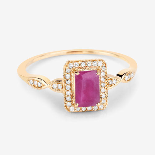 Anillo de oro amarillo de 14 quilates con rubí genuino de 0,75 quilates y diamantes blancos