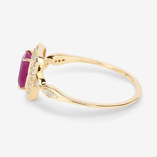 Anillo de oro amarillo de 14 quilates con rubí genuino de 0,75 quilates y diamantes blancos