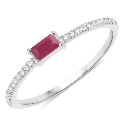 Anillo de oro blanco de 14 quilates con rubí auténtico de 0,22 quilates y diamante blanco