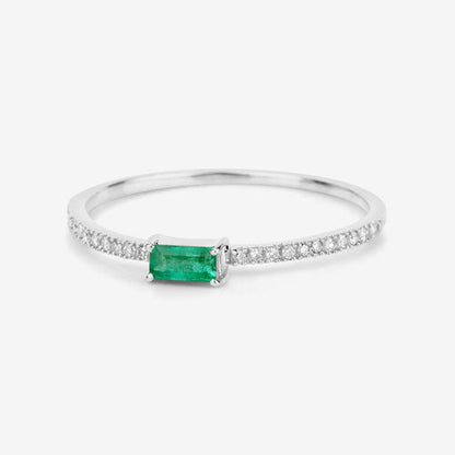 Anillo de oro blanco de 14K con esmeralda zambiana auténtica de 0,18 quilates y diamantes blancos