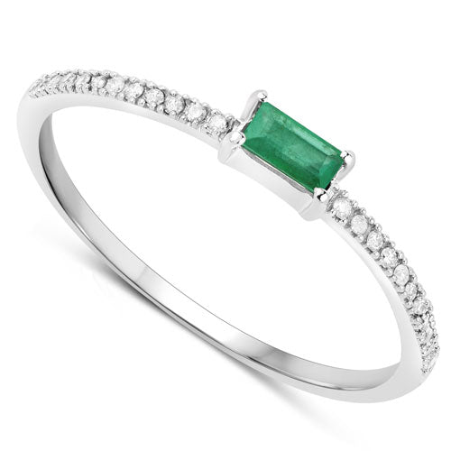 Anillo de oro blanco de 14K con esmeralda zambiana auténtica de 0,18 quilates y diamantes blancos