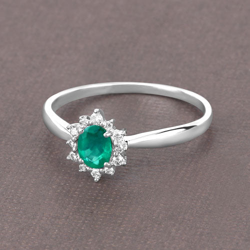 Anillo de oro blanco de 14K con esmeralda zambiana auténtica de 0,40 quilates y diamantes blancos