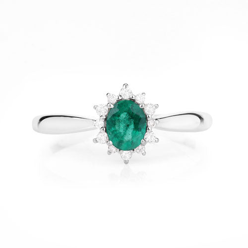 Anillo de oro blanco de 14K con esmeralda zambiana auténtica de 0,40 quilates y diamantes blancos