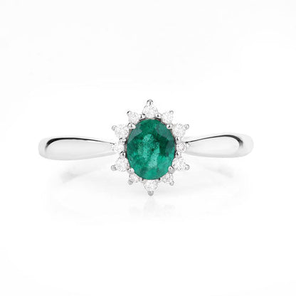 Anillo de oro blanco de 14K con esmeralda zambiana auténtica de 0,40 quilates y diamantes blancos