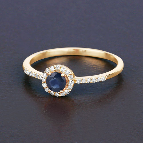 Anillo de oro amarillo de 14 quilates con zafiro azul genuino de 0,38 quilates y diamantes blancos