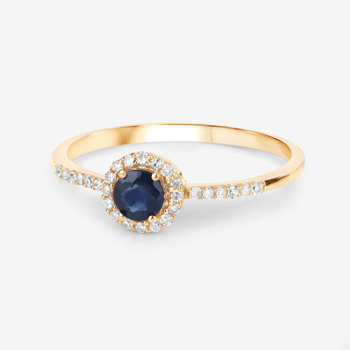 Anillo de oro amarillo de 14 quilates con zafiro azul genuino de 0,38 quilates y diamantes blancos