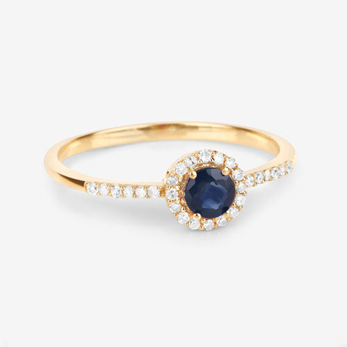 Anillo de oro amarillo de 14 quilates con zafiro azul genuino de 0,38 quilates y diamantes blancos