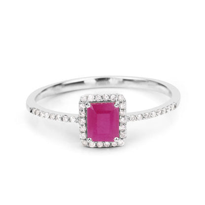 Anillo de oro blanco de 14K con rubí genuino de 0,58 quilates y diamantes blancos