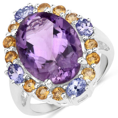 Anillo de plata de ley .925 con amatista, citrino y tanzanita auténticos de 9,66 quilates