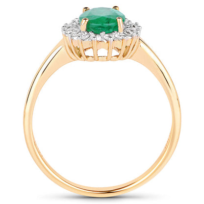 Anillo de oro amarillo de 10 quilates con esmeralda zambiana auténtica de 1,39 quilates y diamantes blancos