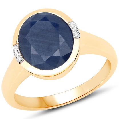 Anillo de oro amarillo de 14 quilates con zafiro azul auténtico de 4,85 quilates y diamantes blancos