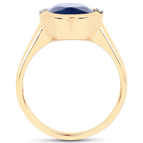 Anillo de oro amarillo de 14 quilates con zafiro azul auténtico de 4,85 quilates y diamantes blancos