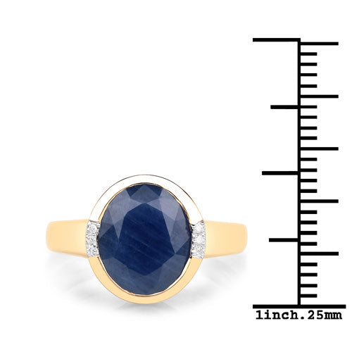 Anillo de oro amarillo de 14 quilates con zafiro azul auténtico de 4,85 quilates y diamantes blancos