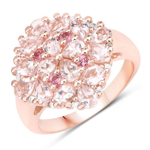 Anillo de plata de ley .925 con morganita auténtica de 2.36 quilates, turmalina rosa y diamantes blancos