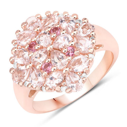 Anillo de plata de ley .925 con morganita auténtica de 2.36 quilates, turmalina rosa y diamantes blancos