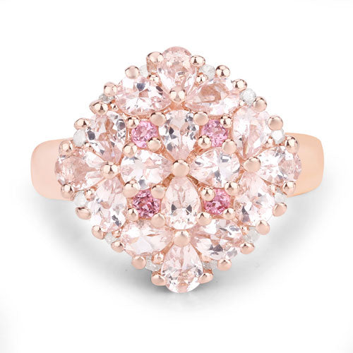 Anillo de plata de ley .925 con morganita auténtica de 2.36 quilates, turmalina rosa y diamantes blancos