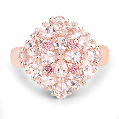 Anillo de plata de ley .925 con morganita auténtica de 2.36 quilates, turmalina rosa y diamantes blancos