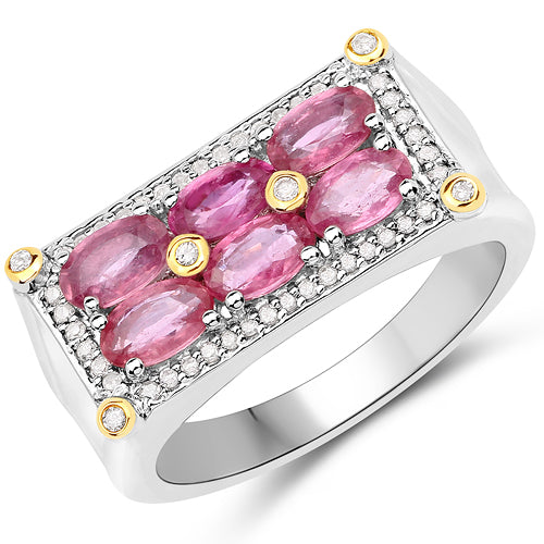 Anillo de oro amarillo de 14K con rubí genuino de 1,77 quilates y diamante blanco con plata de ley .925