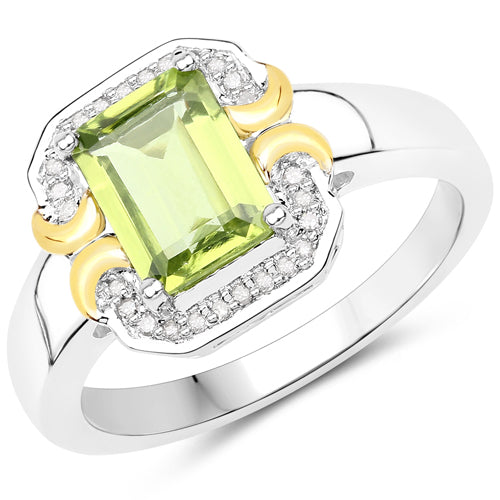 Anillo de plata de ley .925 con peridoto auténtico de 1,67 quilates y diamantes blancos