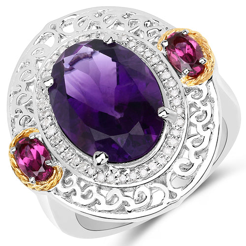 Anillo de 5.58 quilates de amatista genuina, rodolita y diamante blanco en oro amarillo de 14 quilates con plata de ley .925