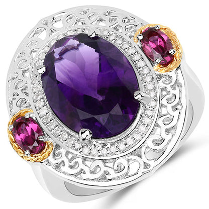 Anillo de 5.58 quilates de amatista genuina, rodolita y diamante blanco en oro amarillo de 14 quilates con plata de ley .925