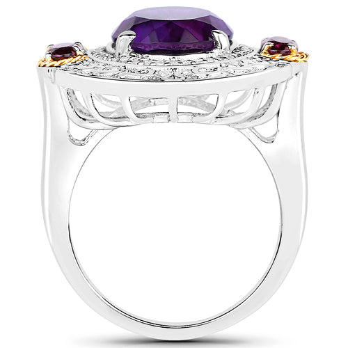 Anillo de 5.58 quilates de amatista genuina, rodolita y diamante blanco en oro amarillo de 14 quilates con plata de ley .925