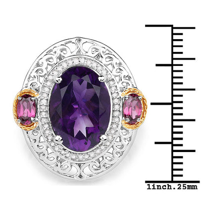 Anillo de 5.58 quilates de amatista genuina, rodolita y diamante blanco en oro amarillo de 14 quilates con plata de ley .925