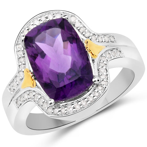 Anillo de plata de ley .925 con amatista genuina de 3,43 quilates y diamantes blancos