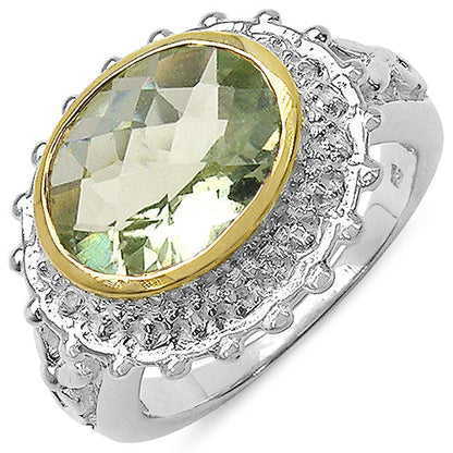 Anillo de Plata de ley .925 Chapado de Dos Tonos con Amatista Verde Genuina de 4.16 Quilates y Topacio Blanco