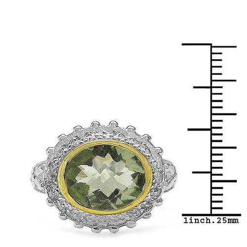 Anillo de Plata de ley .925 Chapado de Dos Tonos con Amatista Verde Genuina de 4.16 Quilates y Topacio Blanco