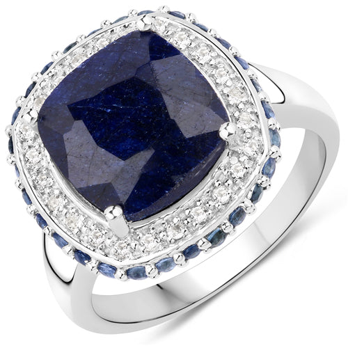 Anillo de plata esterlina .925 con zafiro teñido de 6.46 quilates, zafiro azul y topacio blanco