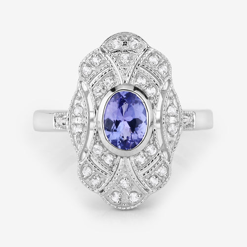 Anillo de plata esterlina .925 con tanzanita genuina de 1,17 quilates y topacio blanco