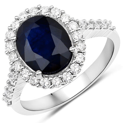 Anillo de oro blanco de 14K con zafiro azul genuino de 3,70 quilates y diamantes blancos