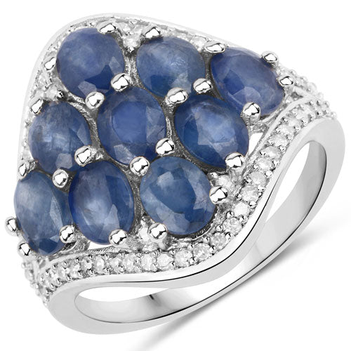 Anillo de plata esterlina .925 con zafiro azul genuino de 3.40 quilates y diamantes blancos