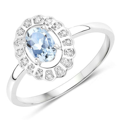 Anillo de oro blanco de 14 quilates con aguamarina auténtica de 0,44 quilates y diamantes blancos
